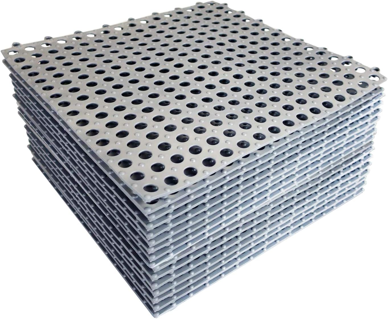 Set of 24 Interlocking Bathroom Rubber Flooring Tiles, 11.8 x 11.8 in Soft PVC Non-Slip Bath Tub Mats with Drain Holes for Kitchen Bathroom Swimming Pool Balcony - Gray - - 