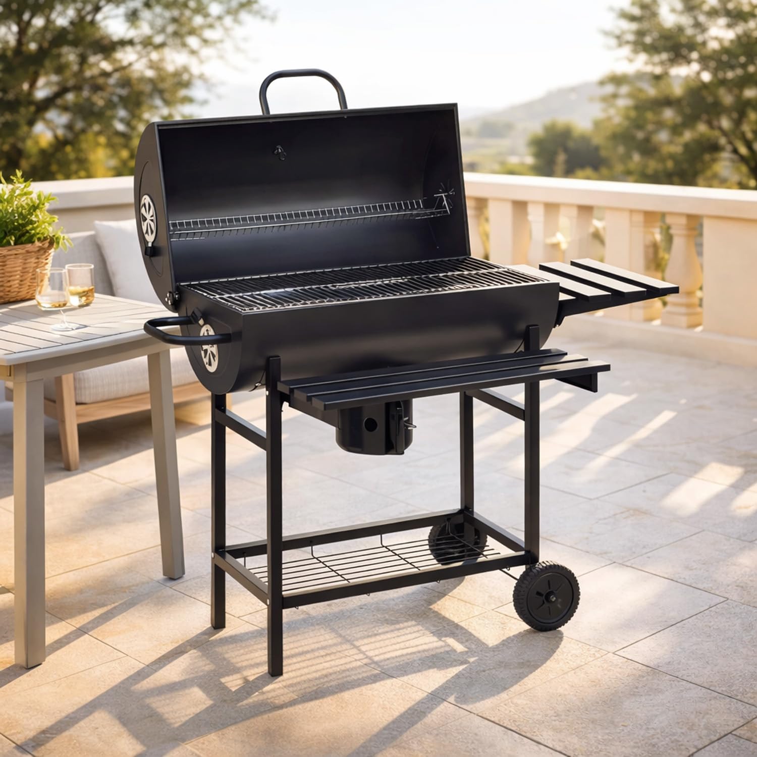 BRICOZONE Barbecue A Carbone Con Coperchio Termometro Integrato Grill BBQ In Acciaio Con Ruote Ripiani E Ventilazione Regolabile Pinza E Guanti Ideale Per Giardino Terrazzo E Balcone Cm Nero