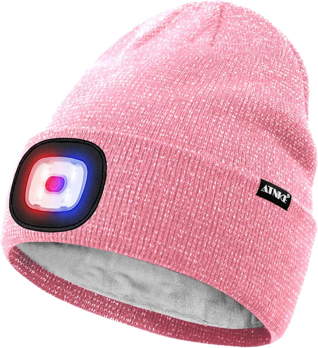 ATNKE LED Lighted Beanie Hat,USB Rechargeable 4 LED Red and Blue Flashed Run Headlamp Lined Fleece Cap for Men and Women