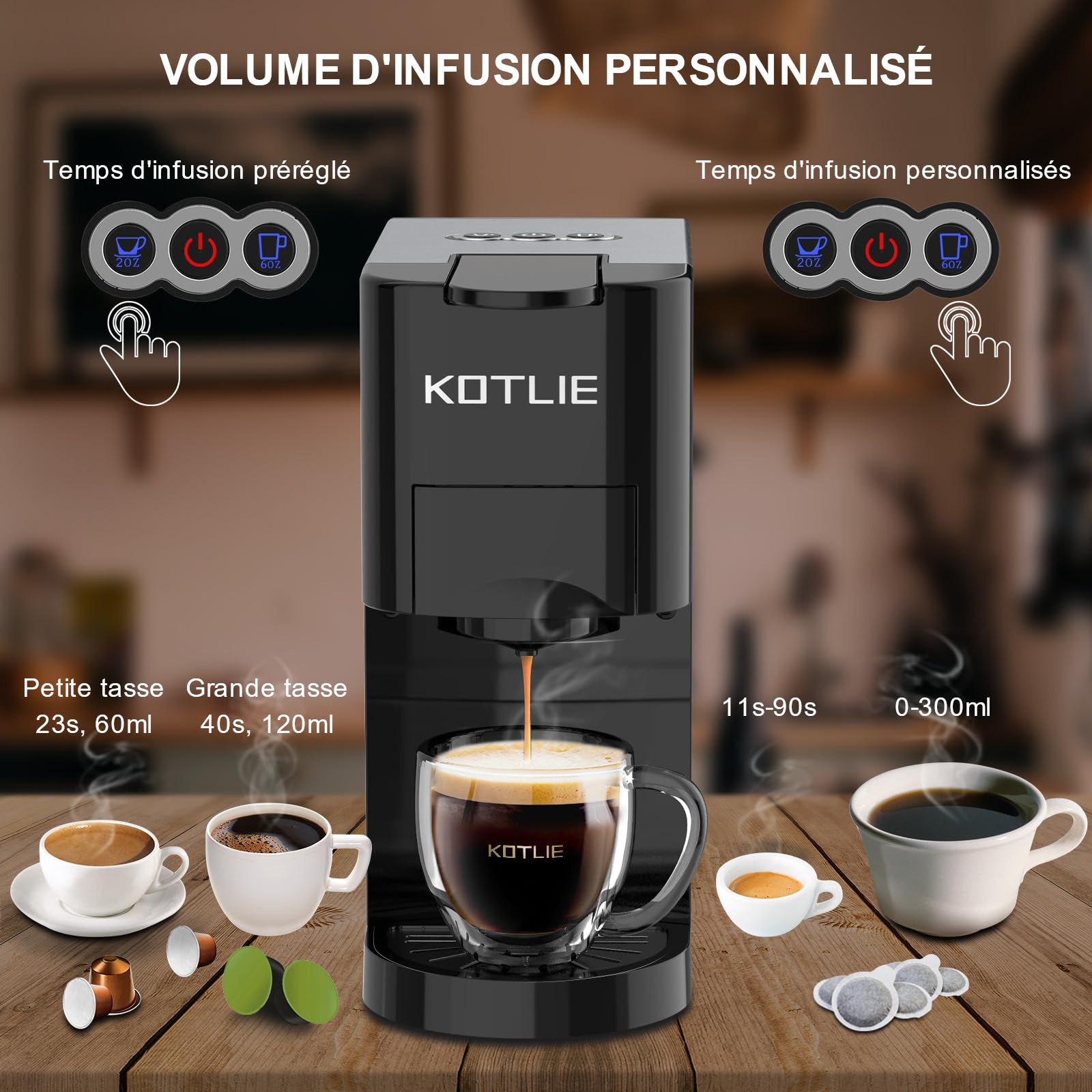 KOTLIE AC-513K Macchina da Caffè 4 in 1 per Nespresso Original/Dolce Gusto/Caffè Macinato/ESE Pads(44mm), 19 Bar, 800 ML