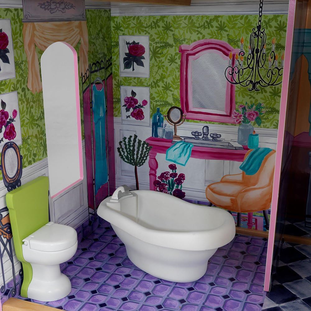 Detallada view of the dollhouse bathroom with miniature bathtub, toilet, and sink
