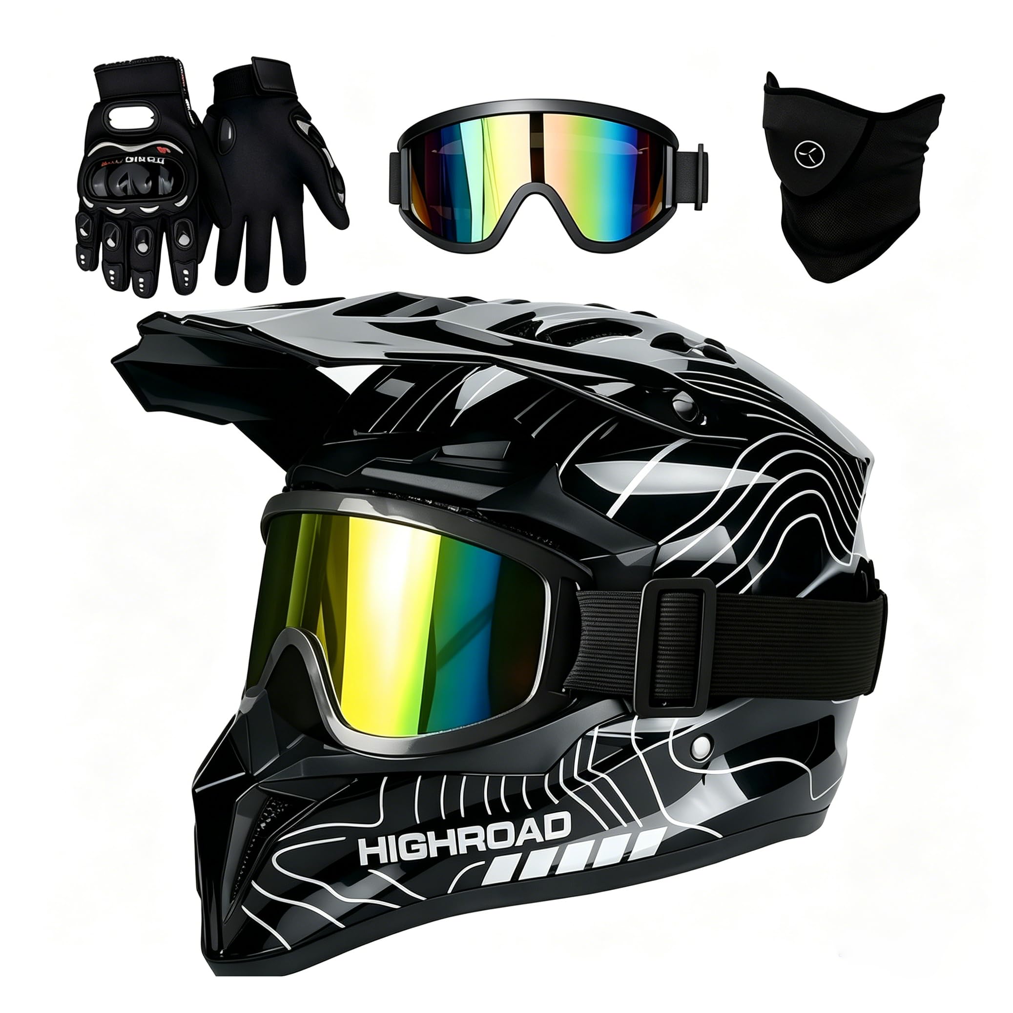 Casco Motocross, Casco Moto Cross Integrale con Occhiali, Guanti e Maschera