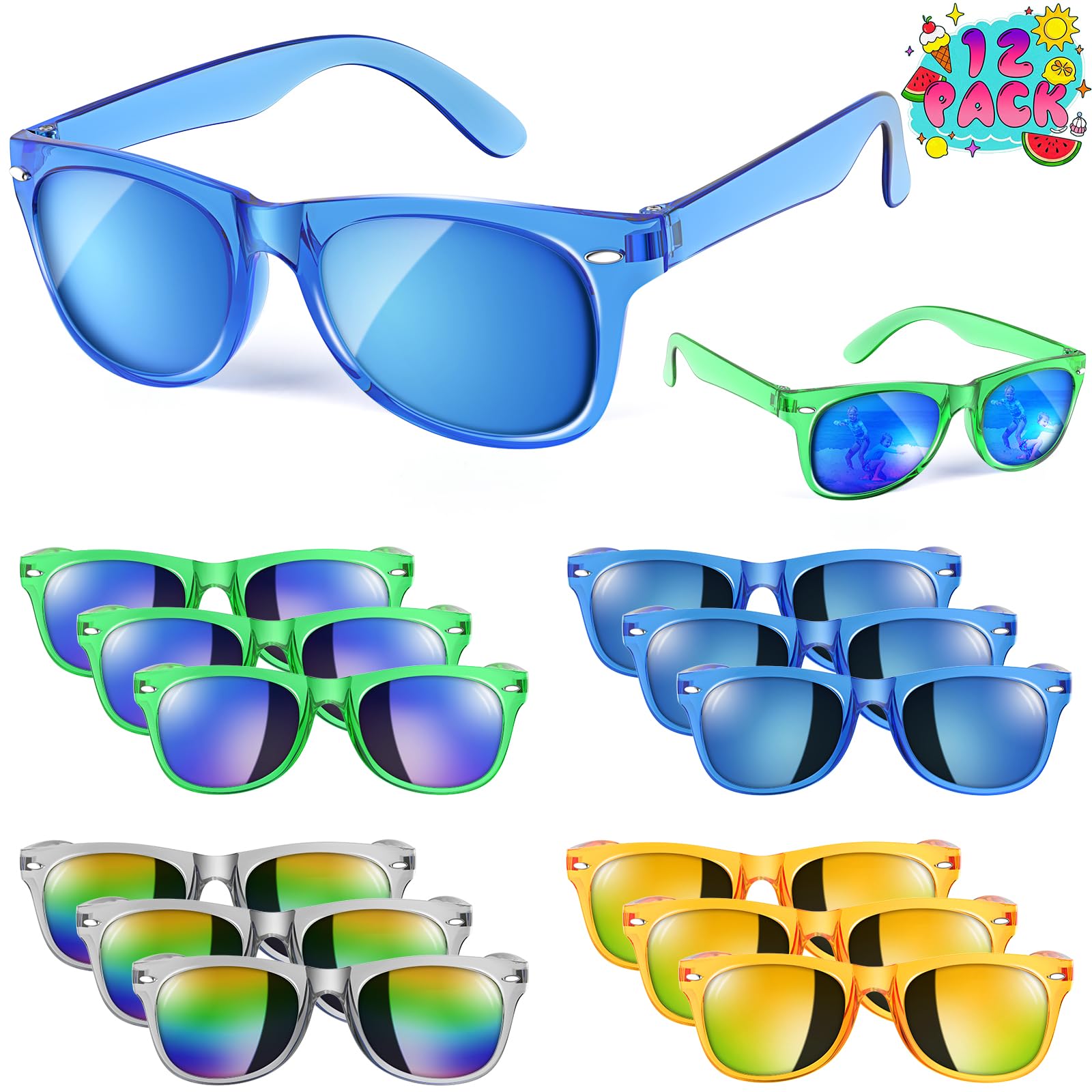 Party Favor Sunglasses for Kids, Boys Girls Age 3-8 Birthday Sunglass with UV 400 Protection, Neon Glasses for Valentines Easter Children Day Gifts, Summer Beach Goodie Bags Stuffers - 12 Packs