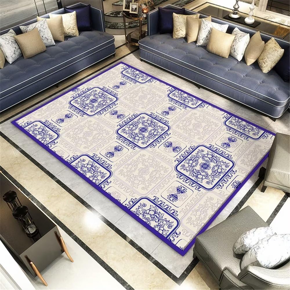 Tapis enfant lavable bleu géométrique 160x200 fini les taches dans la chambre