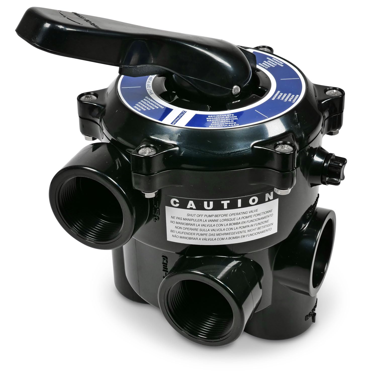 Astral Pool 1 1/2'' Side Mount 6-Wege Ventil schwarz - Mit Anschlussverrohrung und Schauglas - ABS Gehäuse mit PPO Verteiler und EPDM Dichtungen - Für Sandfilteranlagen