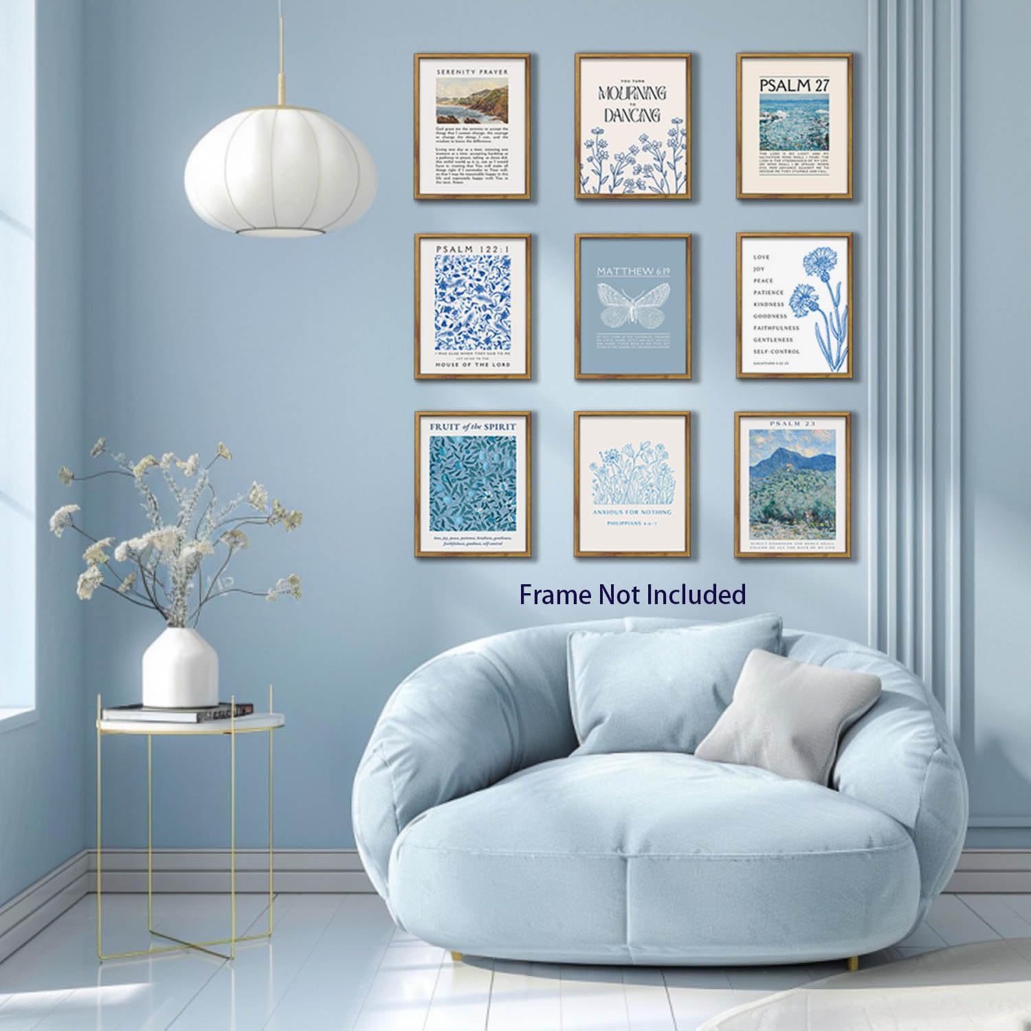 BingruiArt 9Pcs Christian Wall Art Blue Bible Verse Posters Jesus Canvas Retro Psalm 23 Scripture Vintage Artwork Religious Poster Pictures Prints for Living Room Bedroom 12x16in Unframed