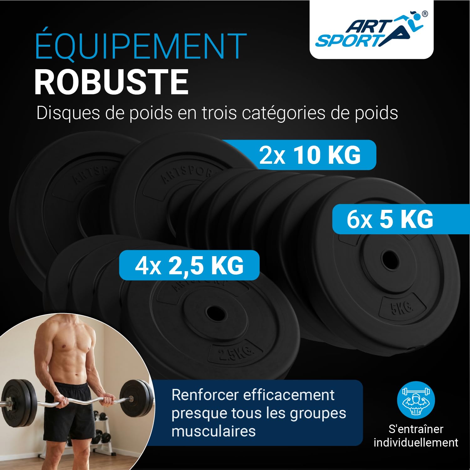 ArtSport Ensemble d'haltères courts de musculation 3-en-1 avec 2 haltères courts, 1 haltère long et 1 haltère curl SZ – 12 poids de 60kg avec fermetures en étoile