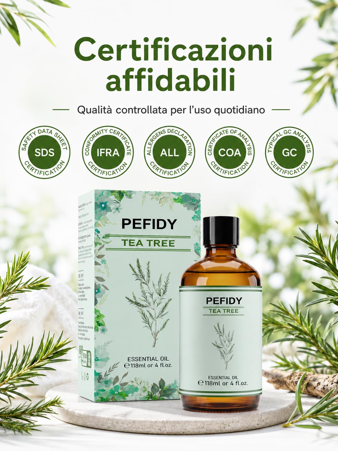 Olio Essenziale di Tea Tree 118ml, Olio di Melaleuca Alternifolia Distillato a Vapore, con Contagocce, per Diffusore, Shampoo, Unghie, Routine Pelle e Pulizia Casa