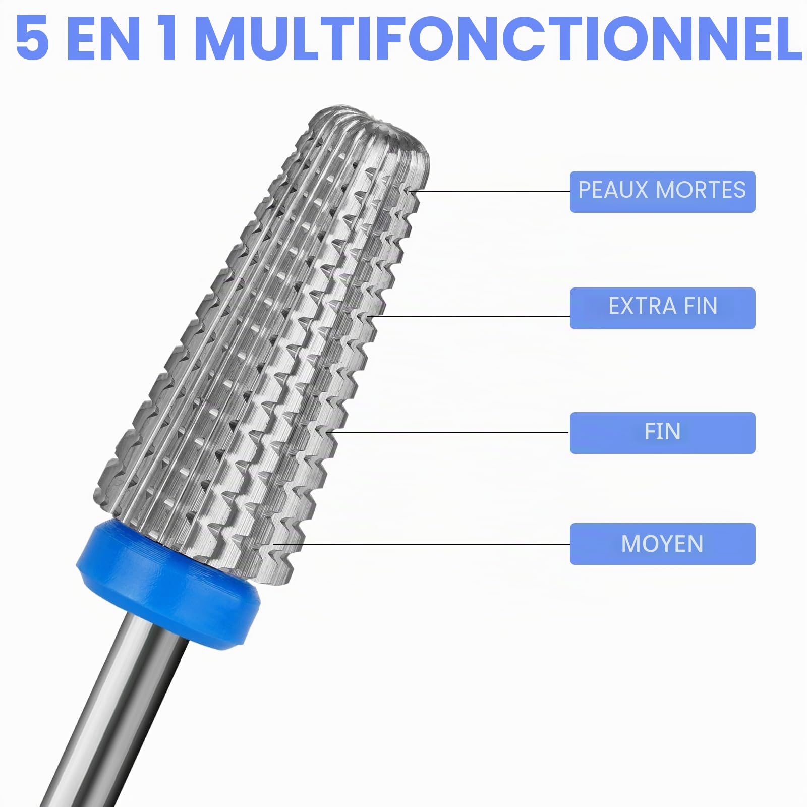 5 en 1 Foret à ongles en carbure de tungstène 3/32" pour Manucure Pédicure Cuticule Gel Polissage Enlèvement rapide de l'acrylique ou du gel dur Embouts pour techniciens (Moyen - M, Argent)