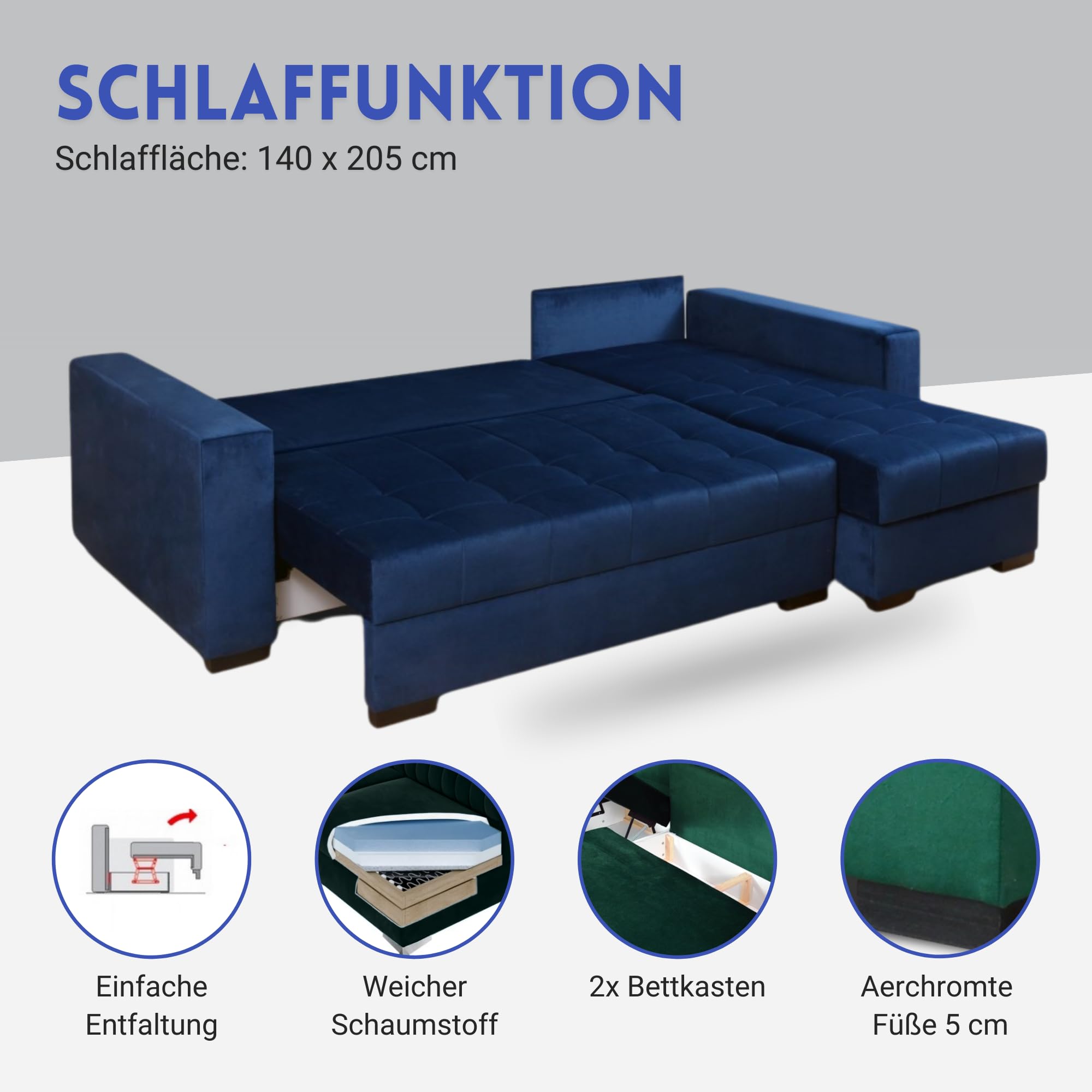 Universal Ecksofa mit Schlaffunktion und 2 Bettkasten LARO I 242cm Breit Sofa L Form I Eckcouch mit Schlaffunktion I Universal Ecke (Rechts oder Links) I Sofa Grau