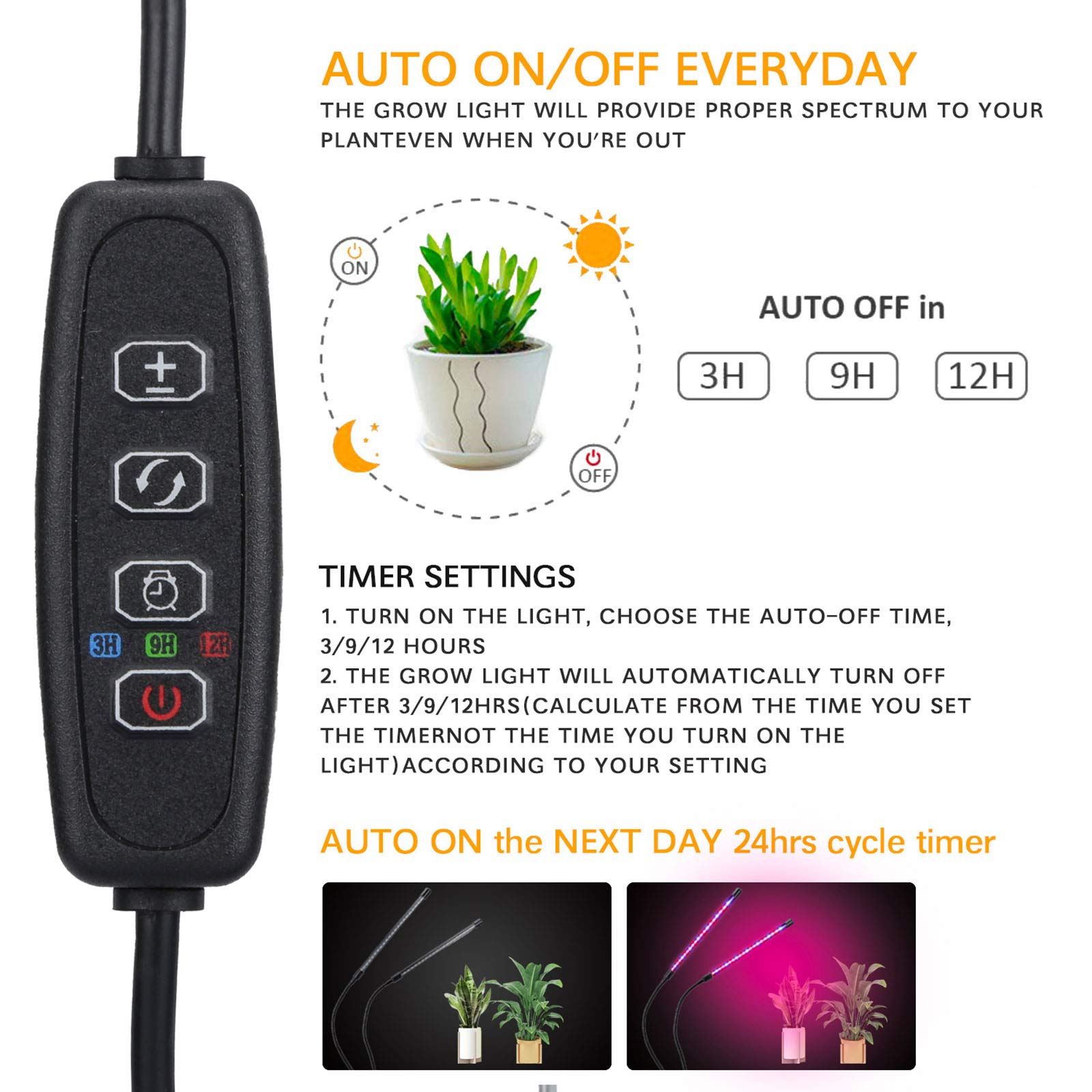 LAI HO Lámpara De Cultivo De Espectro Completo con Temporizador De Encendido Y Apagado Automático, Lámpara De Cultivo De Cuello De Cisne Ajustable para Plántulas Y Suculentas (Estilo Clip)