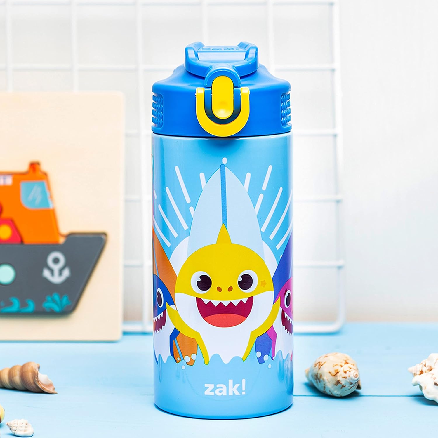 Zak Designs Baby Shark 14 oz Double Wall Vacuum Insulated Thermal Kids Water Bottle, 18/8 Stainless Steel, Flip-Up Straw Spout, Locking Spout Cover, Durable Cup for Sports or Travel : Baby