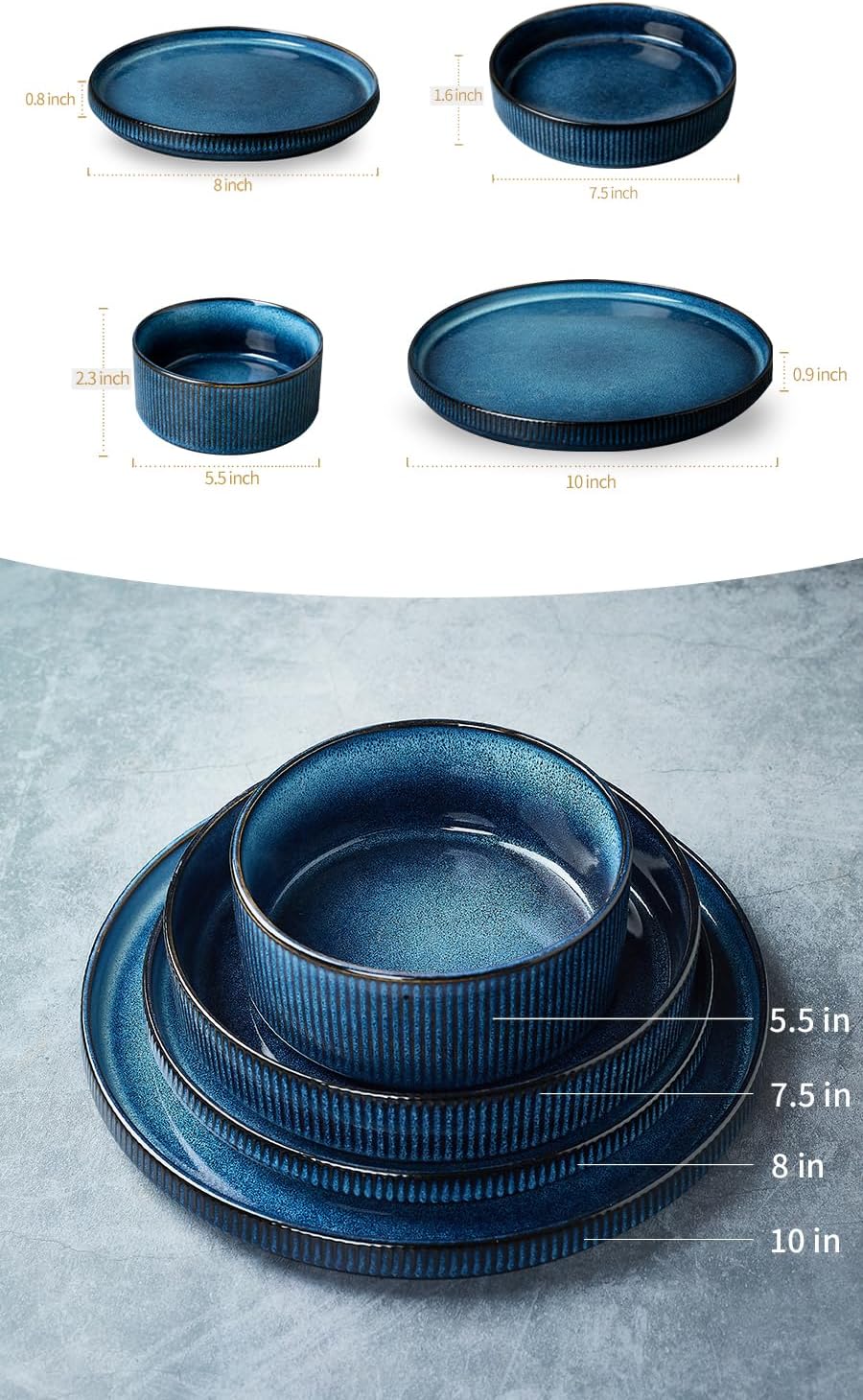 Famiware Star Dinnerware Set with Plates and Bowls, Service for 4 (16-Piece), Stoneware Kitchen Dishes Dinner Sets - Nebulas Blue