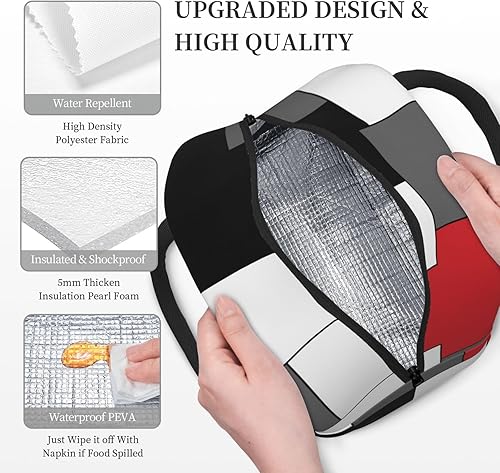 Miniatura 4 de Bolsa de almuerzo geométrica roja, blanca, negra, gris, grande, patrón geométrico, reutilizable, contenedor para mujeres, hombres, escuela, oficina,