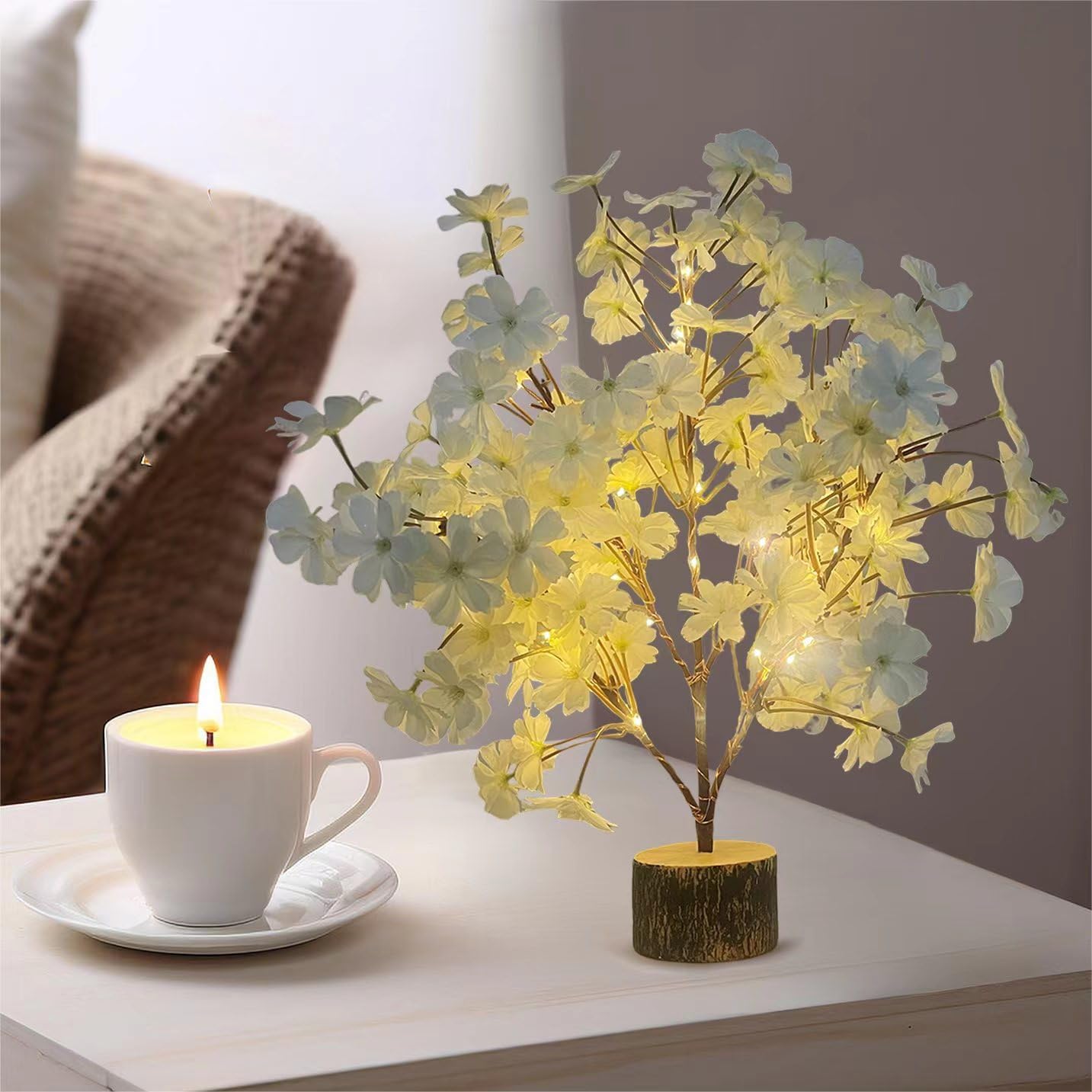 19Inch Cherry Blossom Tree Light, Lighted Artificial Tree with White Silk Flowers, Battery Operated Lamp with Timer for Summer Wedding Decorations,49 Fairy LEDs