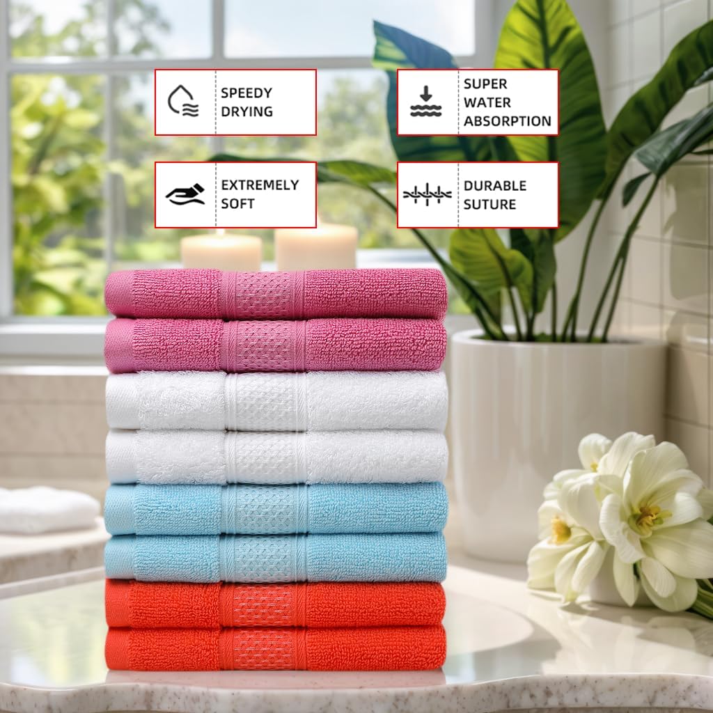 Cotton Hand Towels Set,8-Piece Set(14in x 29.5in), Super Absorbent Quick Drying,Soft,Bathroom Towels,Suitable for Gyms,Kitchen,Gift(Watermelon Red,Sky Blue,White,Rose Pink)