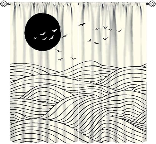 Miniatura 26 de Cortinas Retro de Atardecer, Bohemio de Mediados de Siglo Moderno Abstracto Amanecer Japonés Azul Ola del Océano Opacas Tratamientos de Ventana para