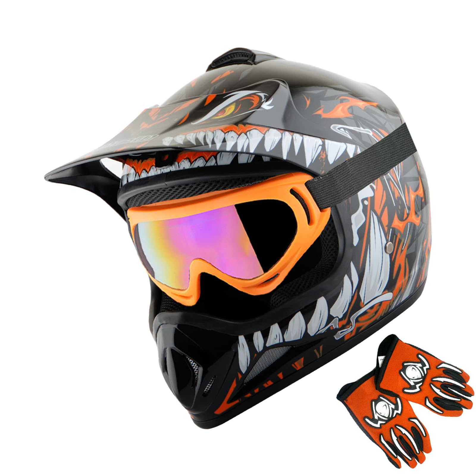WOW Youth Kids Motocross BMX MX ATV Dirt Bike Dianosour Helmet Dragon + Goggles + Martian Youth Glove Bundle: HJOY MG Bundle
