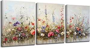 SERIMINO Nature Floral Botanical Wall Art Prints Aesthetic Farmhouse Decor, Misty Flowers Modern Home Decor Paintings, 3 Piece Canvas Wall Art for Living Room Bathroom Bedroom 12"X16"