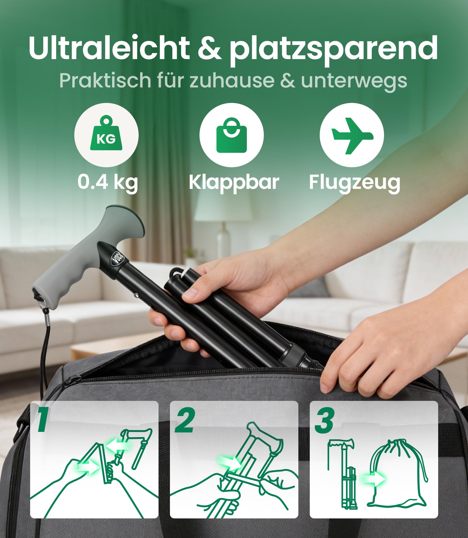 VOCIC G01 Gehstock für Herren und Damen,10-Fach verstellbar,158kg Tragkraft | Spazierstock klappbar mit stoßdämpfender Spitze & praktischer Reisetasche,Gehhilfe für Senioren & Erwachsene, Tiefschwarz