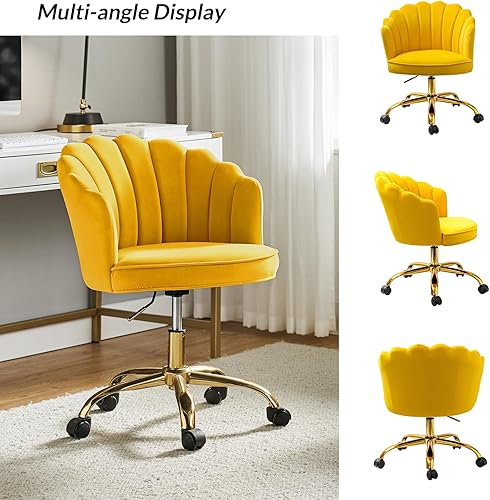 Miniatura 6 de HULALA HOME Silla de escritorio de terciopelo para oficina en casa, moderna silla de tocador de maquillaje con ruedas, silla giratoria de altura