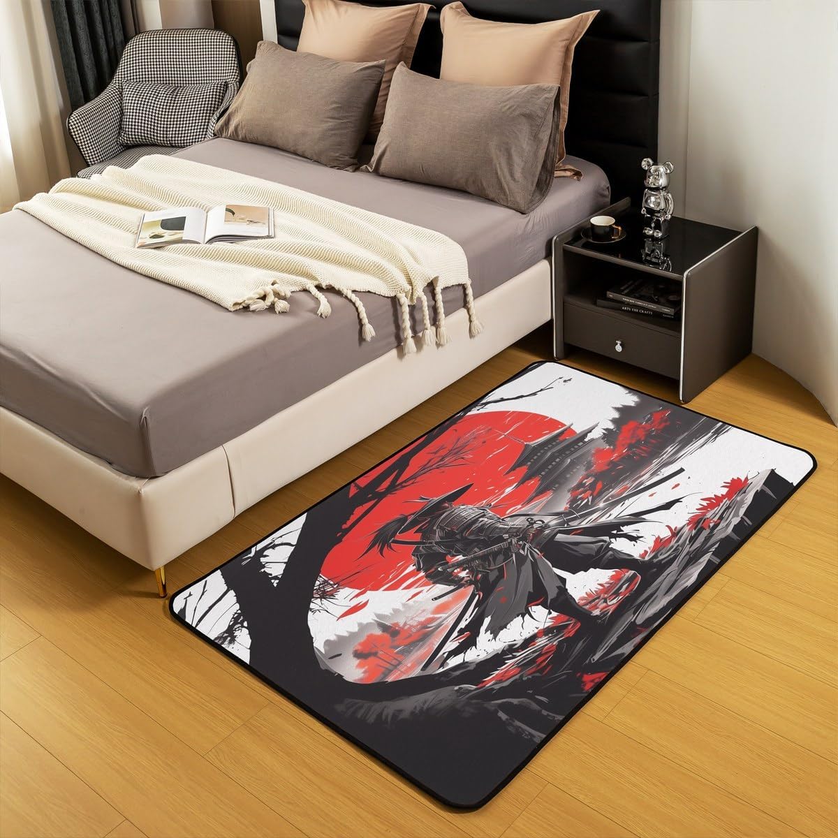 Feelyou Japanese Living Room Rugs Area Rug 3x5 Samurai Accent Rug for Boys Girls Teens Sunset Indoor Floor Mat Traditional Retro Theme Decorative Rug Black Red White Doormats Floor Mat