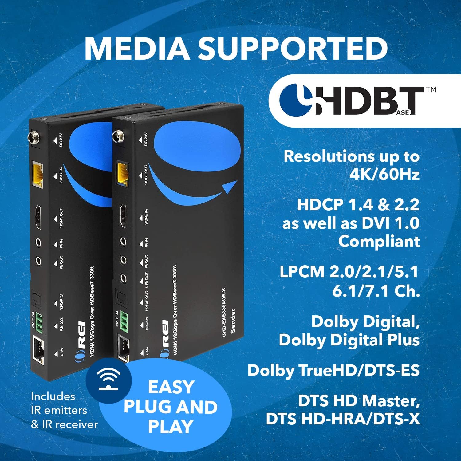 Orei Extensor HDMI 4K ARC Balun - HDBaseT UltraHD 4K @ 60Hz 4:4:4 a través de un Solo Cable CAT5e/6/7 con HDR, LAN, CEC, ARC e IR, RS-232 - hasta 330 pies - Salida de Audio - Cable de alimentación -