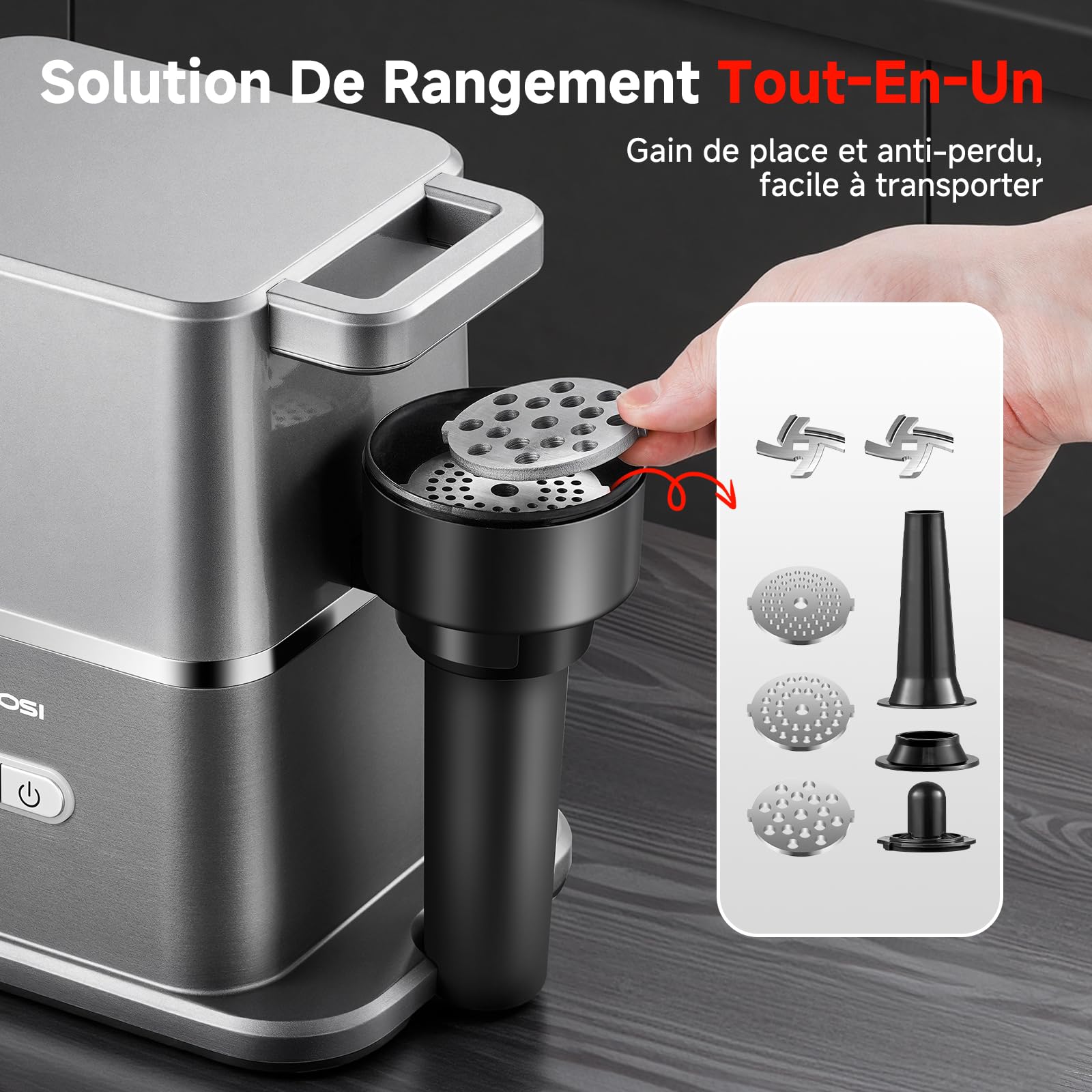 AAOBOSI Hachoir à Viande Électrique Silencieux, 3000 W Max Avec Moteur DC, Seulement 60 dB, Poussoir De Nourriture Rangement Intégré – Hachage, Fabrication De Saucisses & Kibbeh, Usage Domestique
