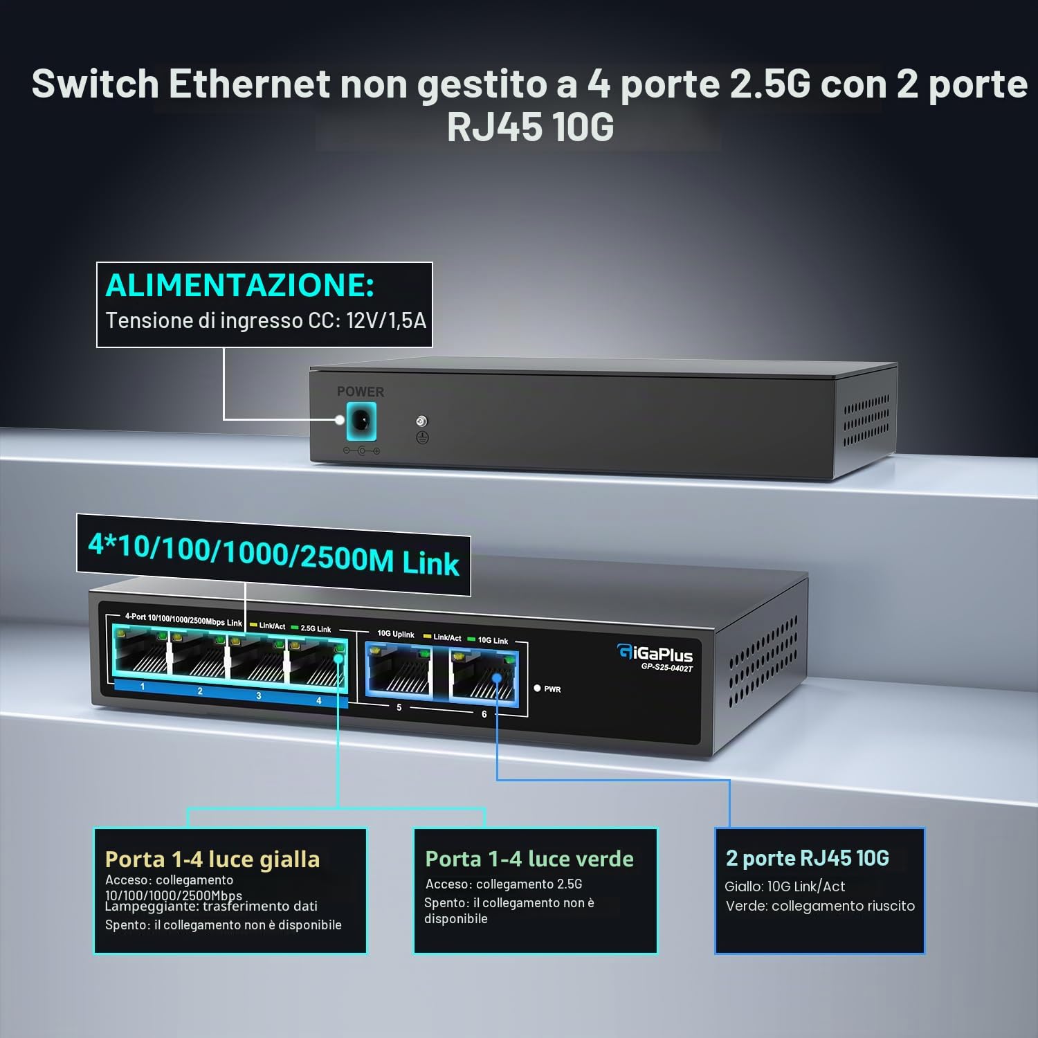 Switch Ethernet non Gestito a 6 porte 10Gb con 4 porte Base-T 2.5G, 2 porte RJ45 10G. Capacità di Commutazione 60Gbps, Switch di Rete GiGaPlus 10Gbps per NAS/PC 2.5G/10Gbps, Router WiFi6, AP Wireless