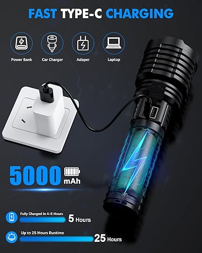 Miniatura 5 de Linternas recargables de alto lúmenes, potente linterna táctica recargable con funda de batería de 15 horas de larga duración  Zoomable  5 modos de