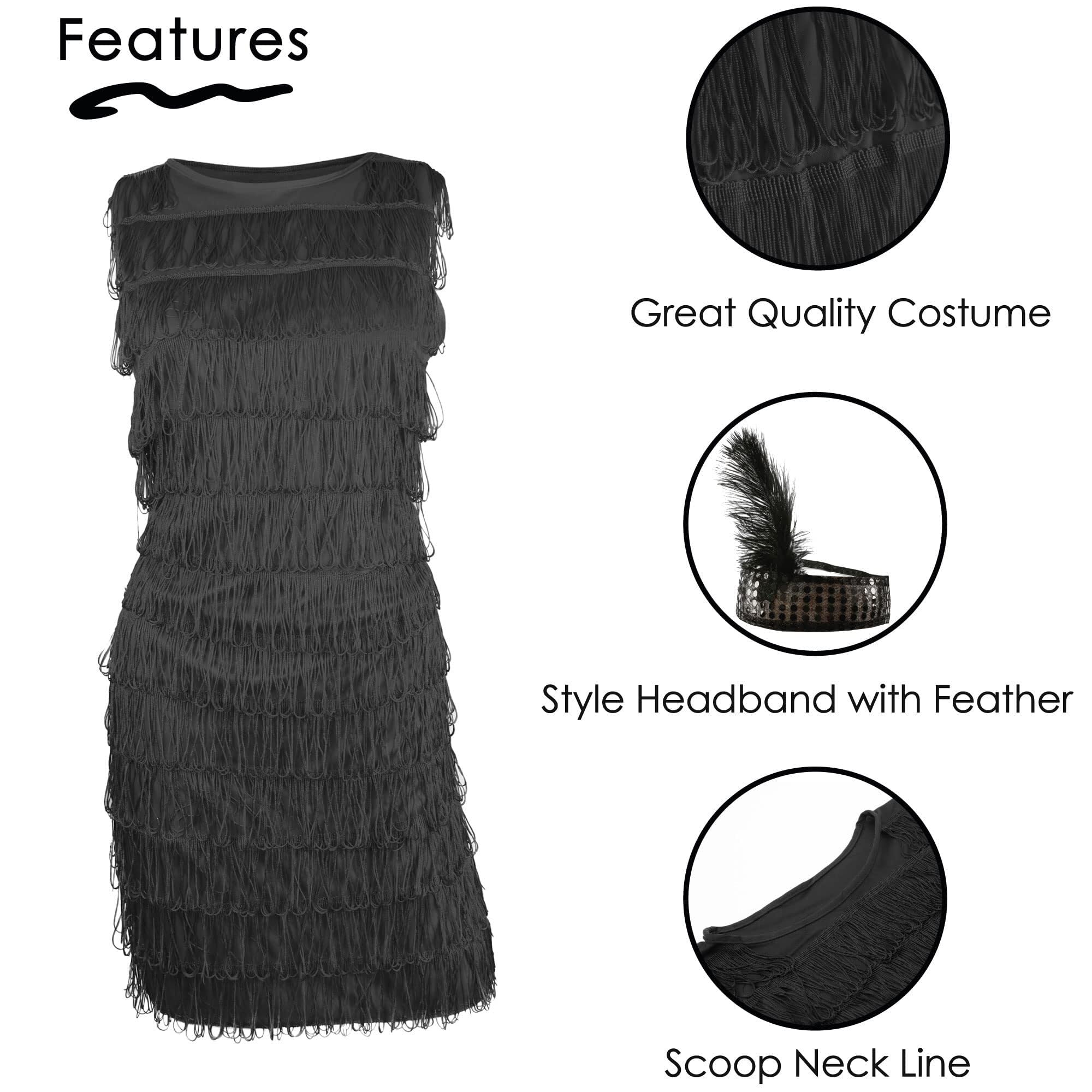 I LOVE FANCY DRESS Robe Noire Jeune Fille Délurée - FR - 38/40 - Déguisement Flapper pour femme avec bandeau à paillettes assorti, collier de perles, perruque Bob et boa en plumes (Noire)
