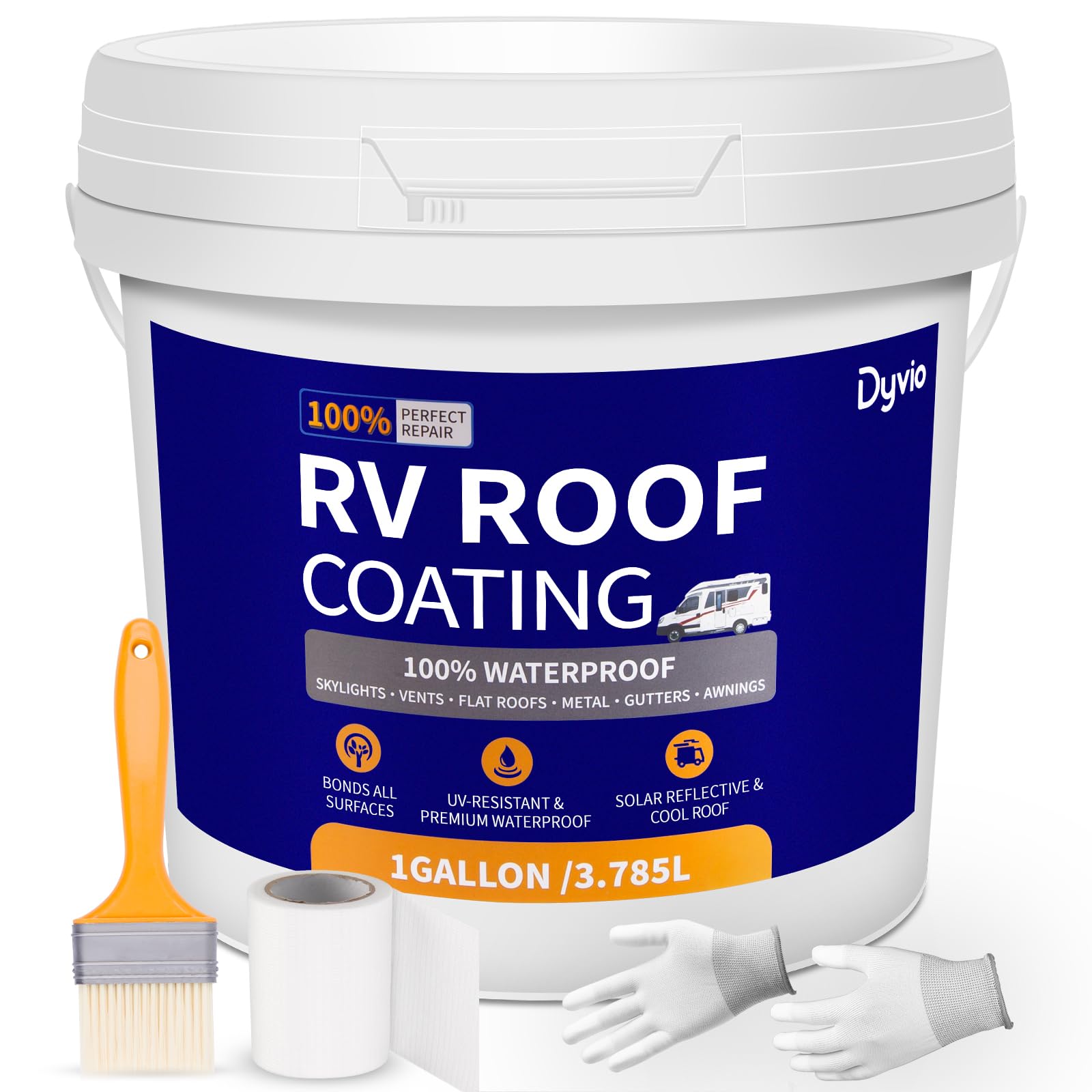 Liquid Rubber Waterproof Solar Reflective RV Roof Coating - White RV Roof Sealant with Wooden Brush, Work Gloves & Repair Tape for Campers, Trailers, Motorhomes, Metal Buildings - 1 Gallon