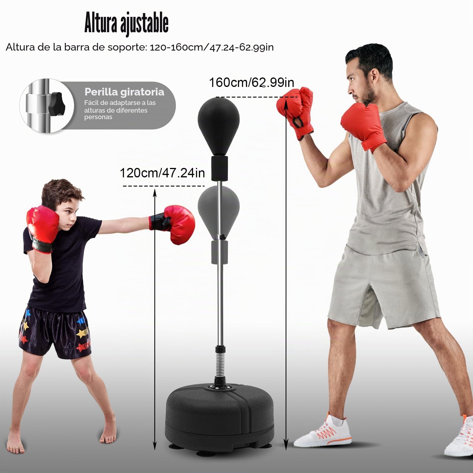 120 cm-160 cm Negro Boxball Standboxsack Punchingball para adultos con base de entrenamiento de boxeo, saco de boxeo de pie, pera ajustable