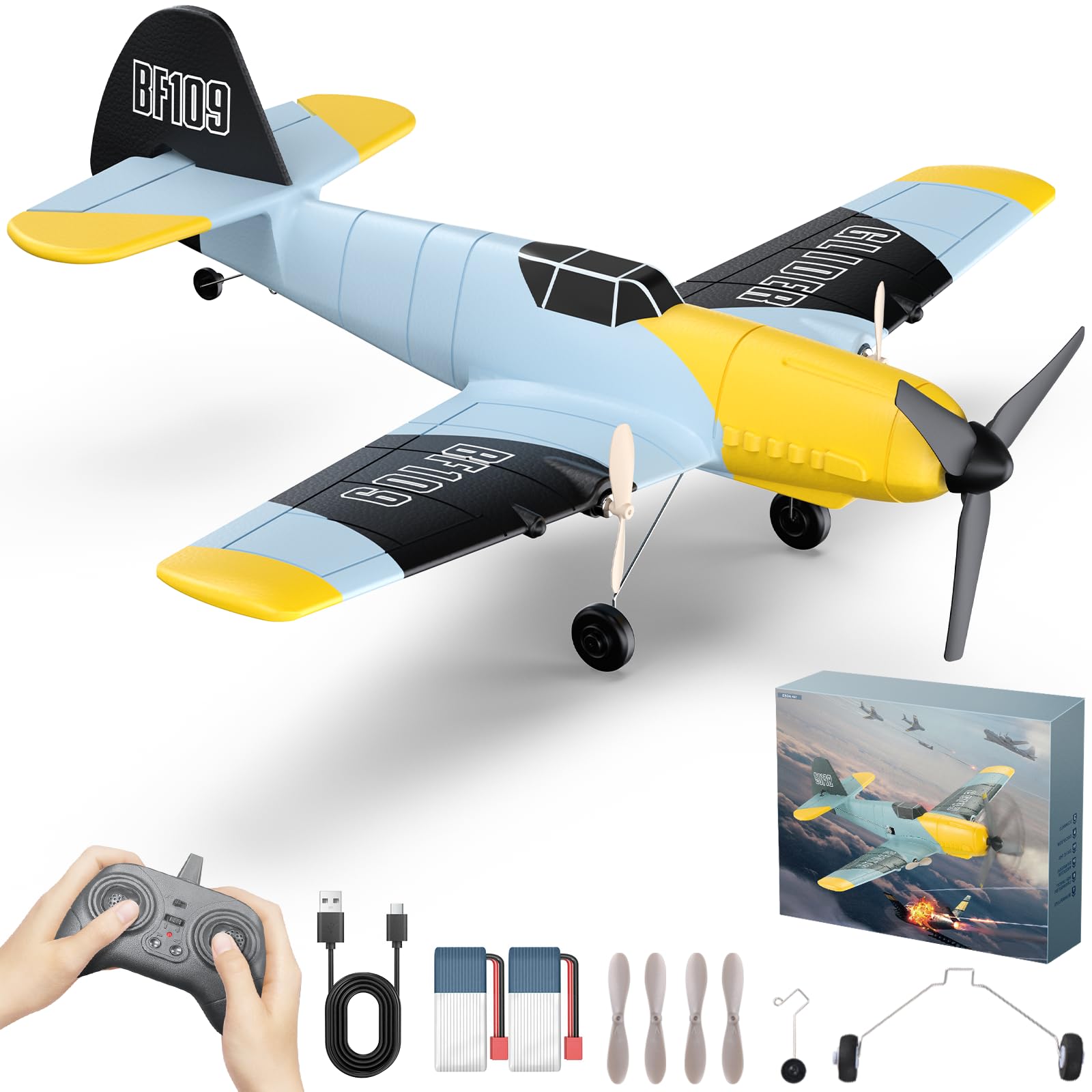 Avion Teledirigido BF-109 de 3 Canales, Aviones de Juguete Control Remoto 2.4 GHz, Maqueta Avion RC con Giroscopio de 6 Ejes para Principiantes y Niños