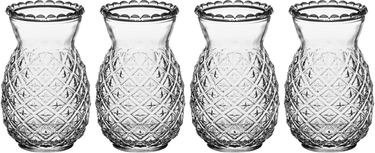 Tiki Glasses 13 oz. Smiling Totem Texture, 4 Pieces, Clear, Tropical Style Novelty Glasses, Hawaii Bar Style, Modern Bar Party Set With Picks (Smiling Totem 13 oz)