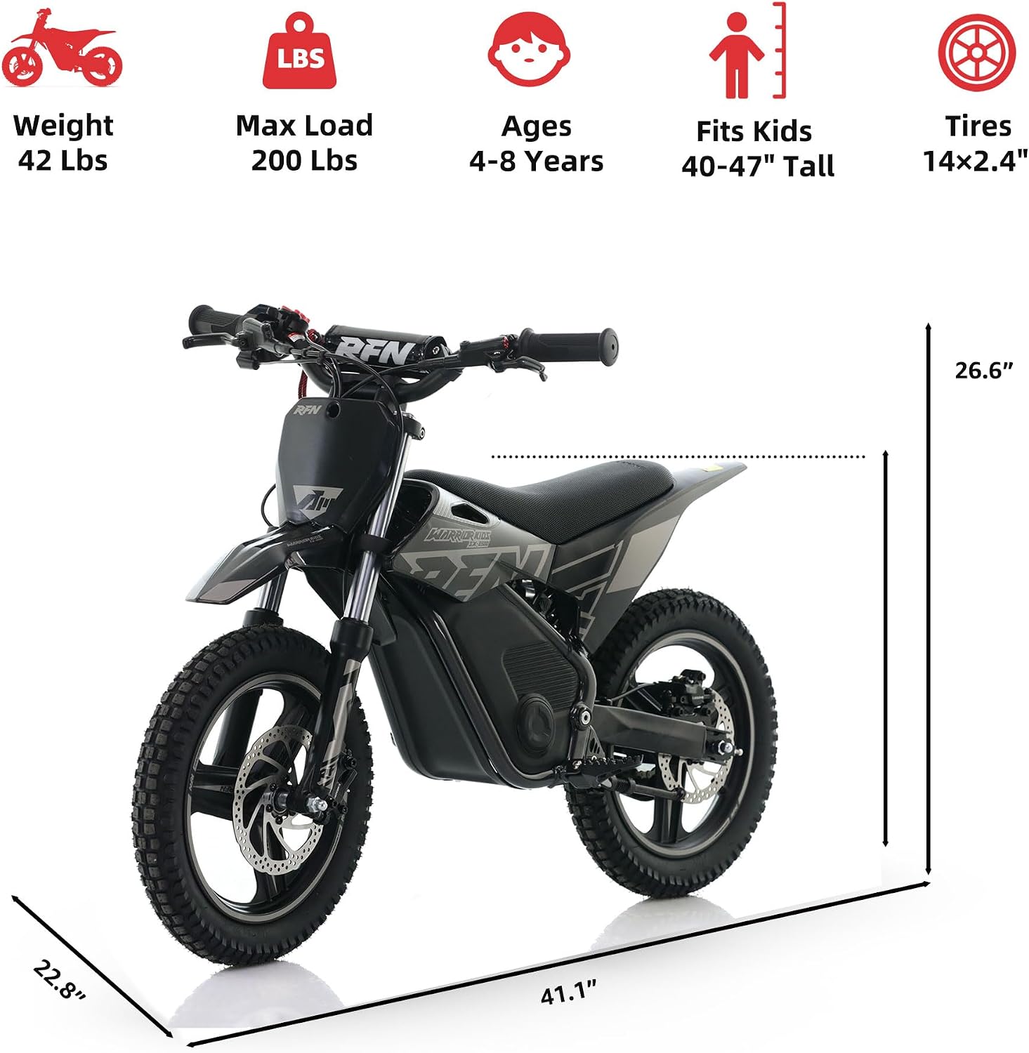 RFN E500 36V Kids Electric Dirt Bike, Electric Motorcycle with 700W Motor | 21.7 mph Max Speed, 15.5-Mile Range & 3 Speeds Off-Road Bike for Ages 4-8 (Black