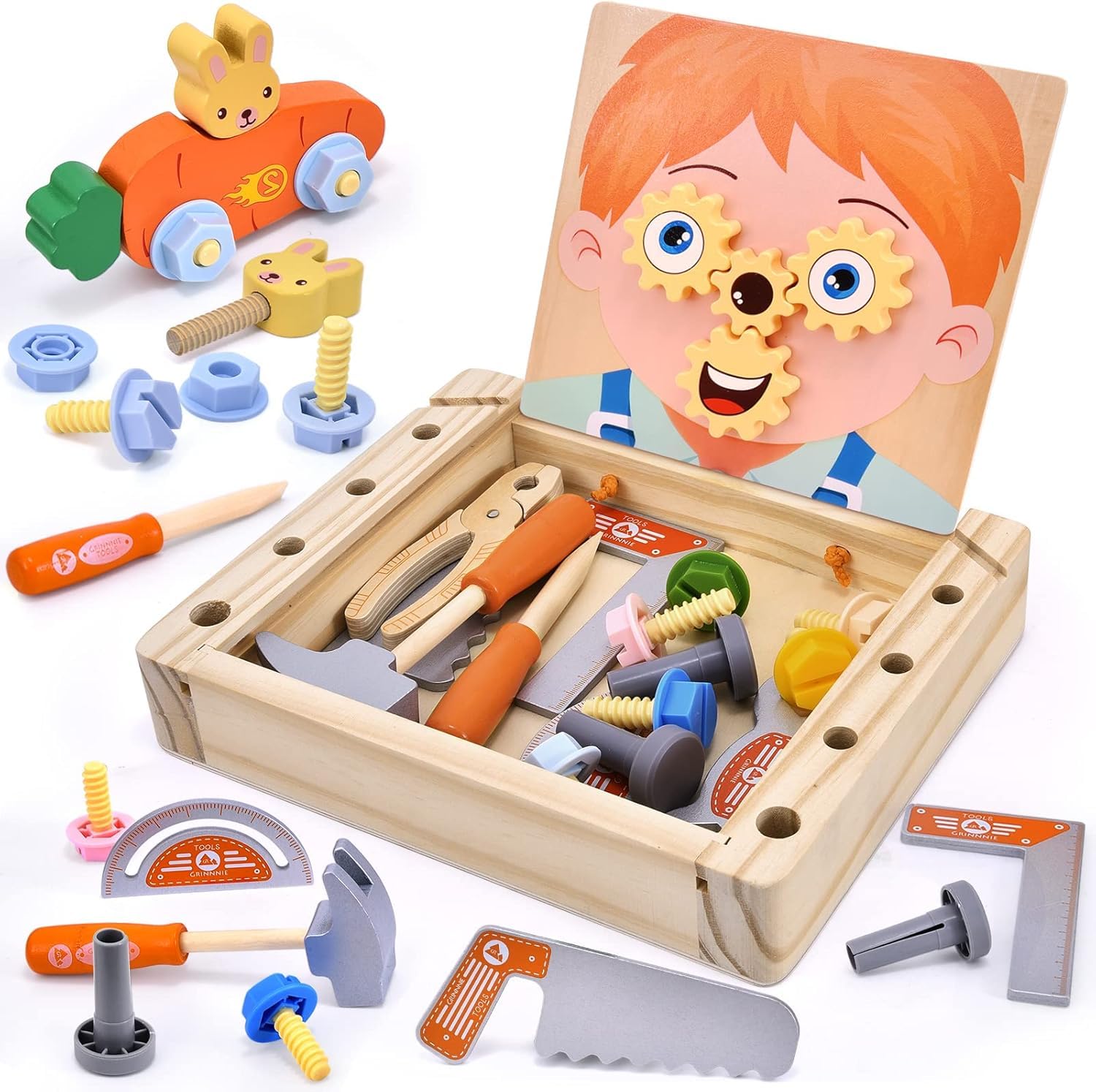 Kitmeer Wooden Tool Kit for Kids, Portable Box with Nuts, Bolts, Screw Driver Set, Preschool Educational Toy Birthday Gift Kids Boys Girls 2 3 4 5 6 Years-image-5