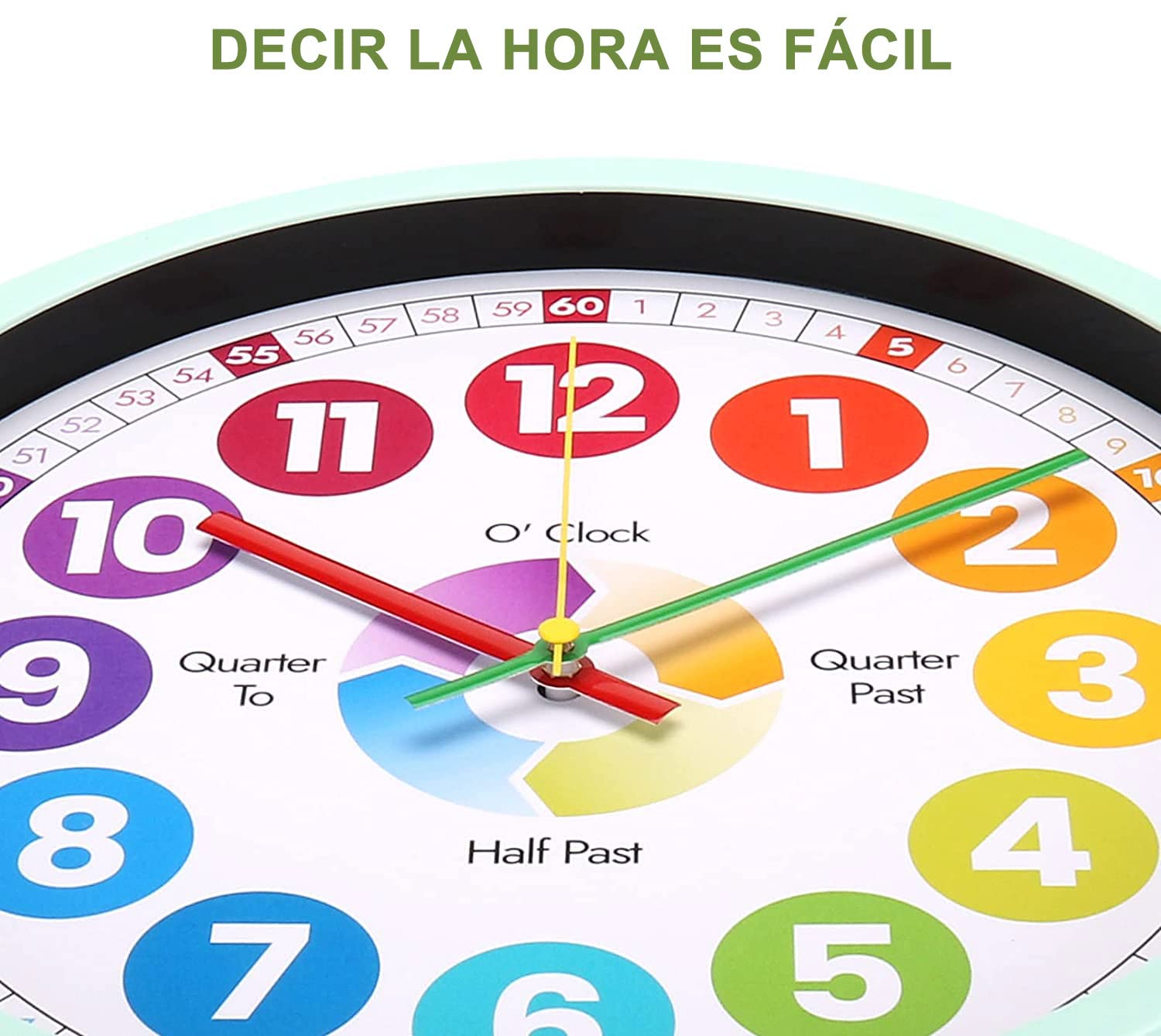 30cm Reloj de Pared Educativo para enseñar el Tiempo para niños, Silencioso, Funciona con Pilas, Aprender a Contar, Reloj de Pared de Cristal Vidrio Decorativo Colorido