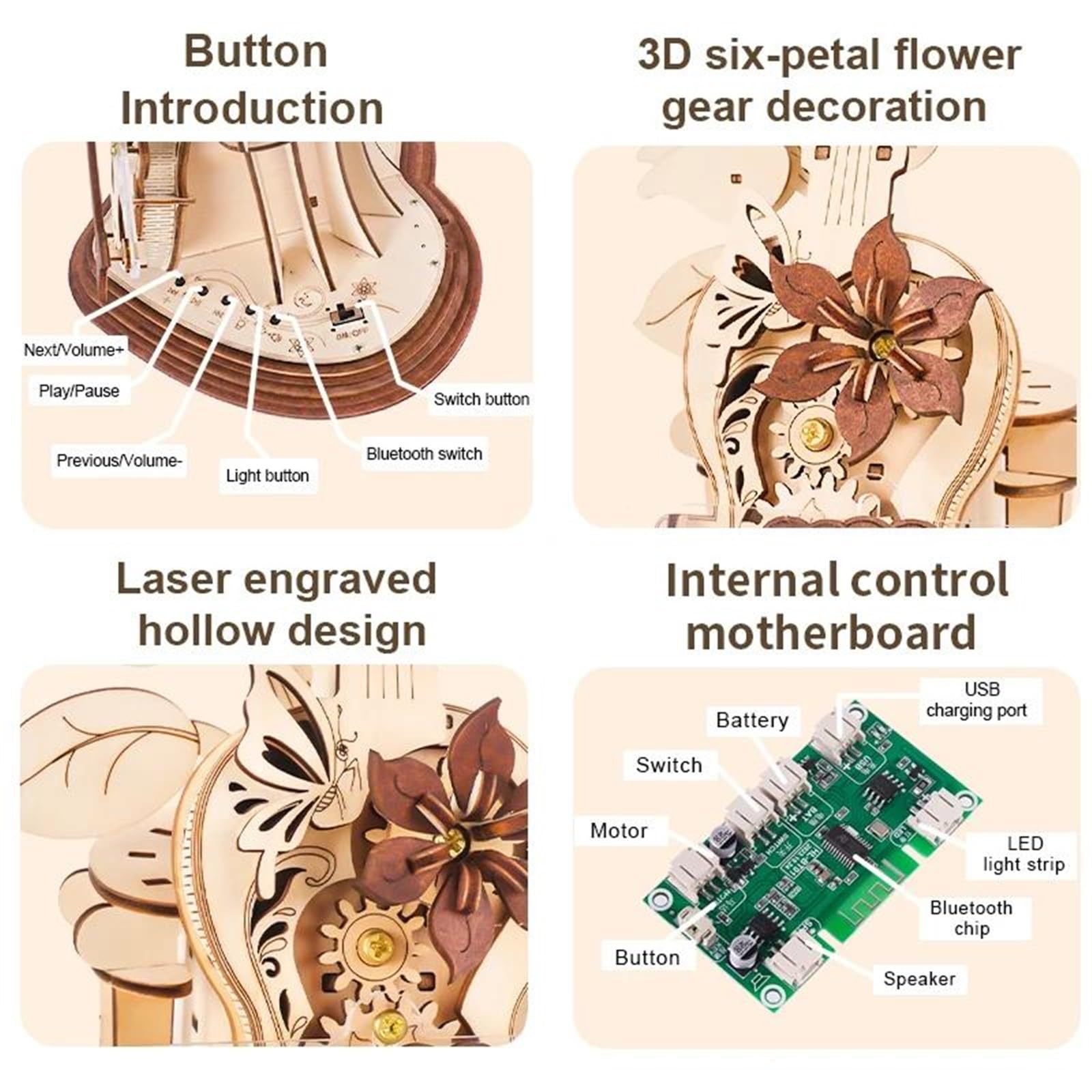 Caja De Música 3D Rompecabezas Mecánico De Madera Instrumento De Música DIY Conexión USB Kits de Caja de música