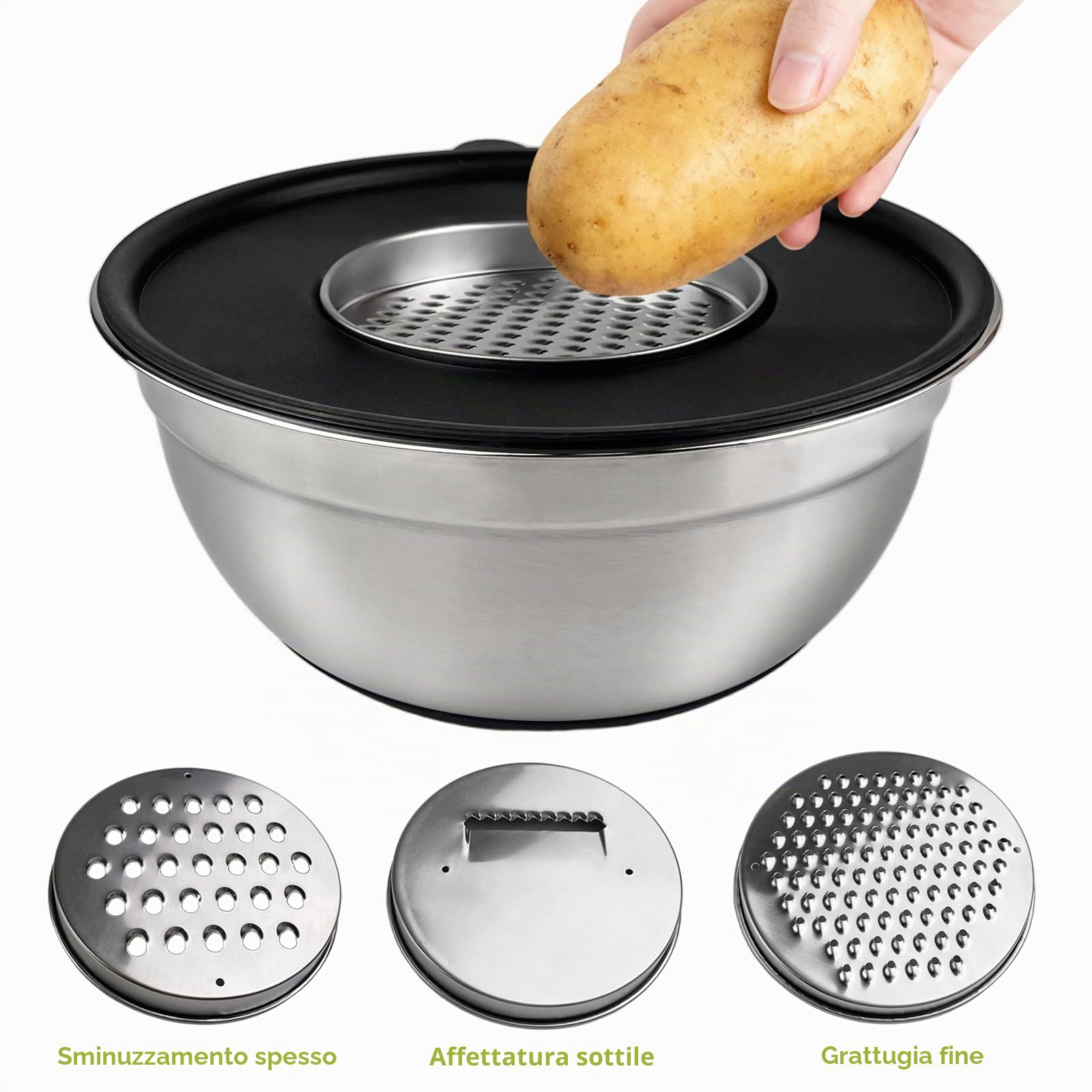 Ciotole Acciaio Inox Cucina, Set 5 Pezzi Insalatiera Acciaio Inox con 3 Grattugie, Antiscivolo, 1L, 1.5L, 2L, 3L, 4.5L, Insalatiera Con Coperchio, Lavabili in Lavastoviglie, per Mescolare
