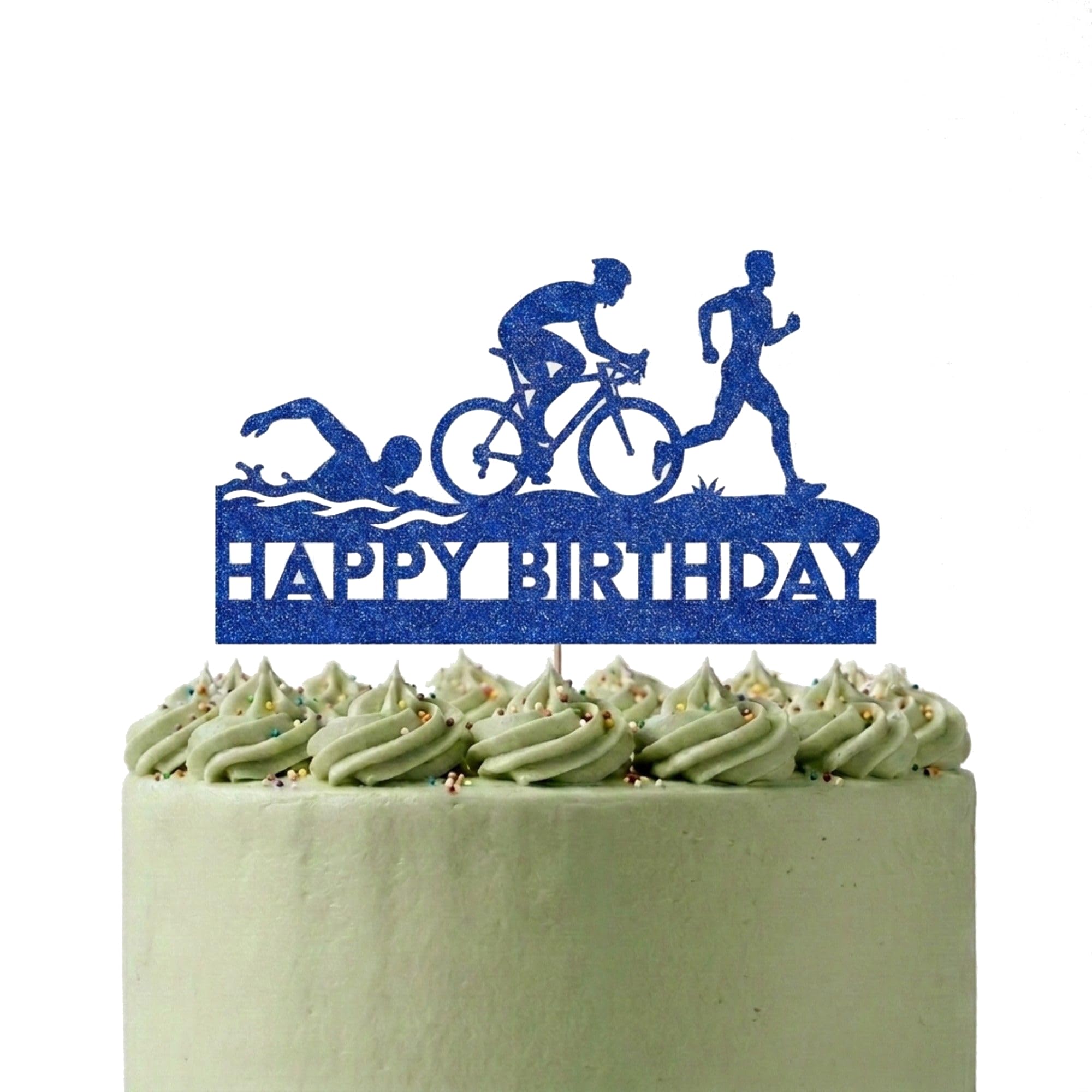 Personalised Triathlon Cake Topper | Glitter Card Swim Bike Run Birthday Decoration | Custom Name & Age, 8 Colours (Blue)