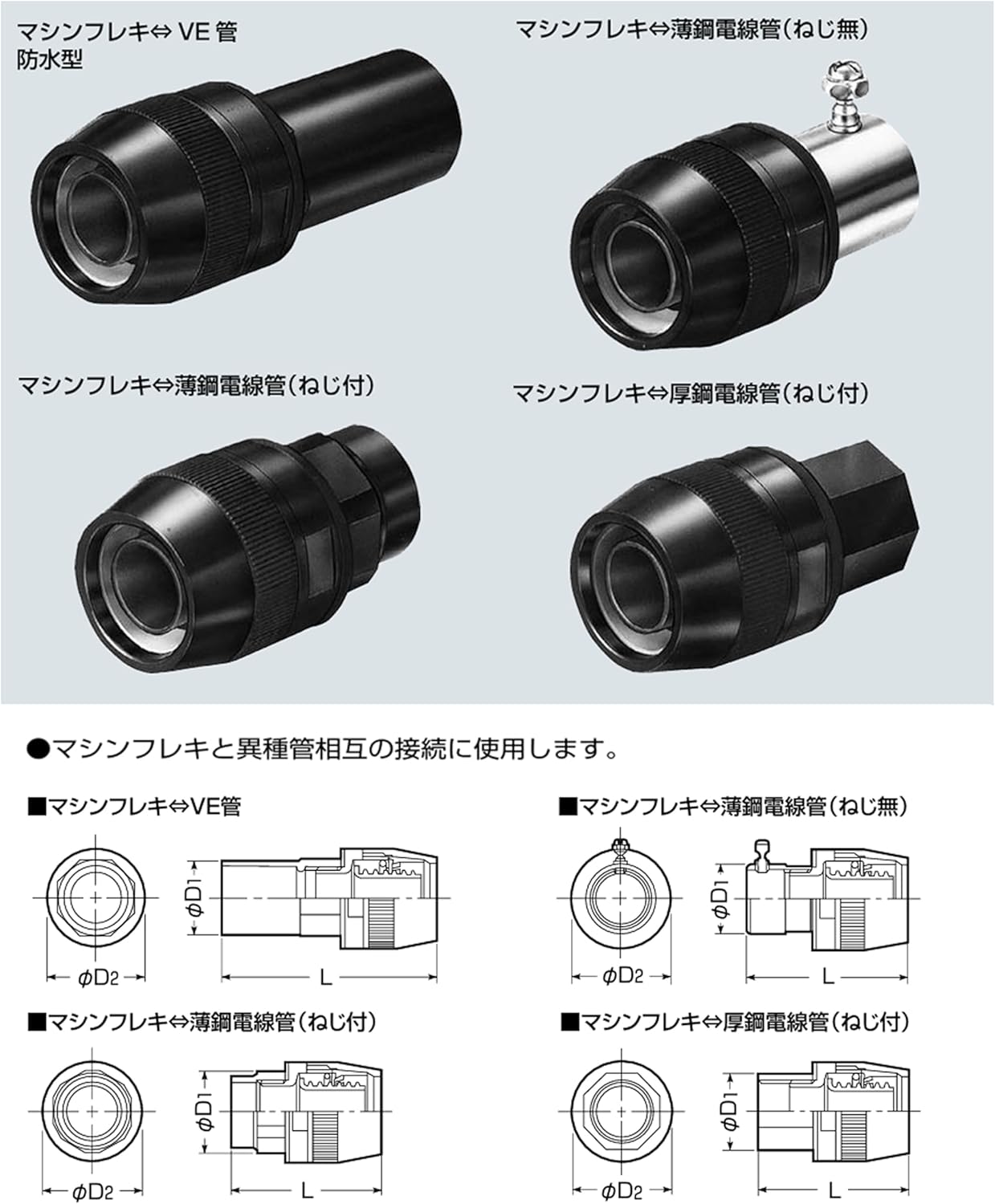 MFA-22 (未来工業)｜マシンフレキ2 エコノミータイプ｜電気配管｜電材堂【公式】 フレキ管 内径φ22 黒 5m【切断販売：0.3ｍ～50ｍ】 マシンフレキ⇔薄鋼電線管(ねじ無) 【コンビネーションカップリング2個