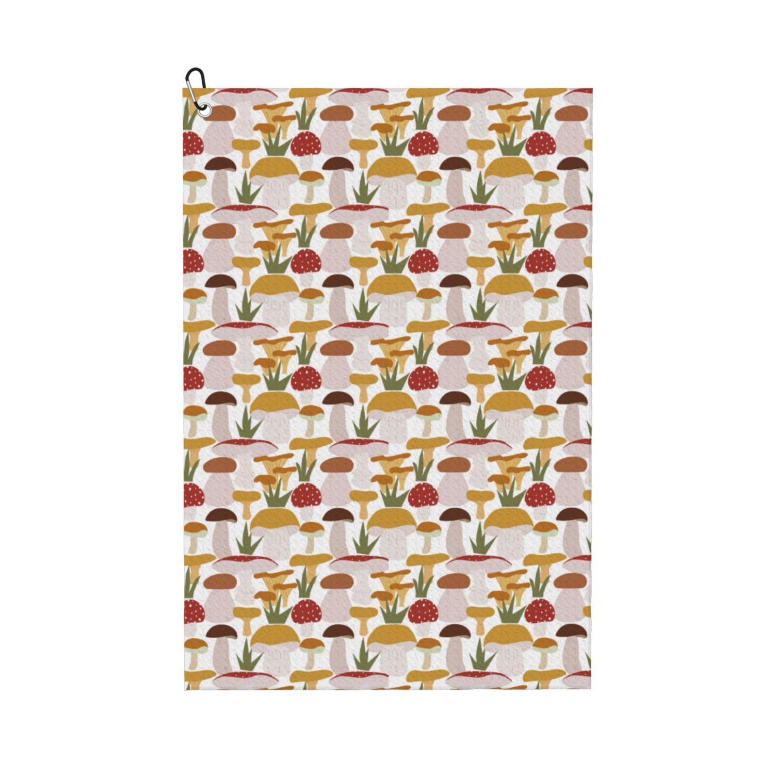AOOEDM Mushroom Print Golf Towel with Carabiner Clip Absorbent Microfiber Golf Towel for Cleaning Golf Ball Club Putter Iron for Golf Bag Trolly Belt Loop 16" X 24"