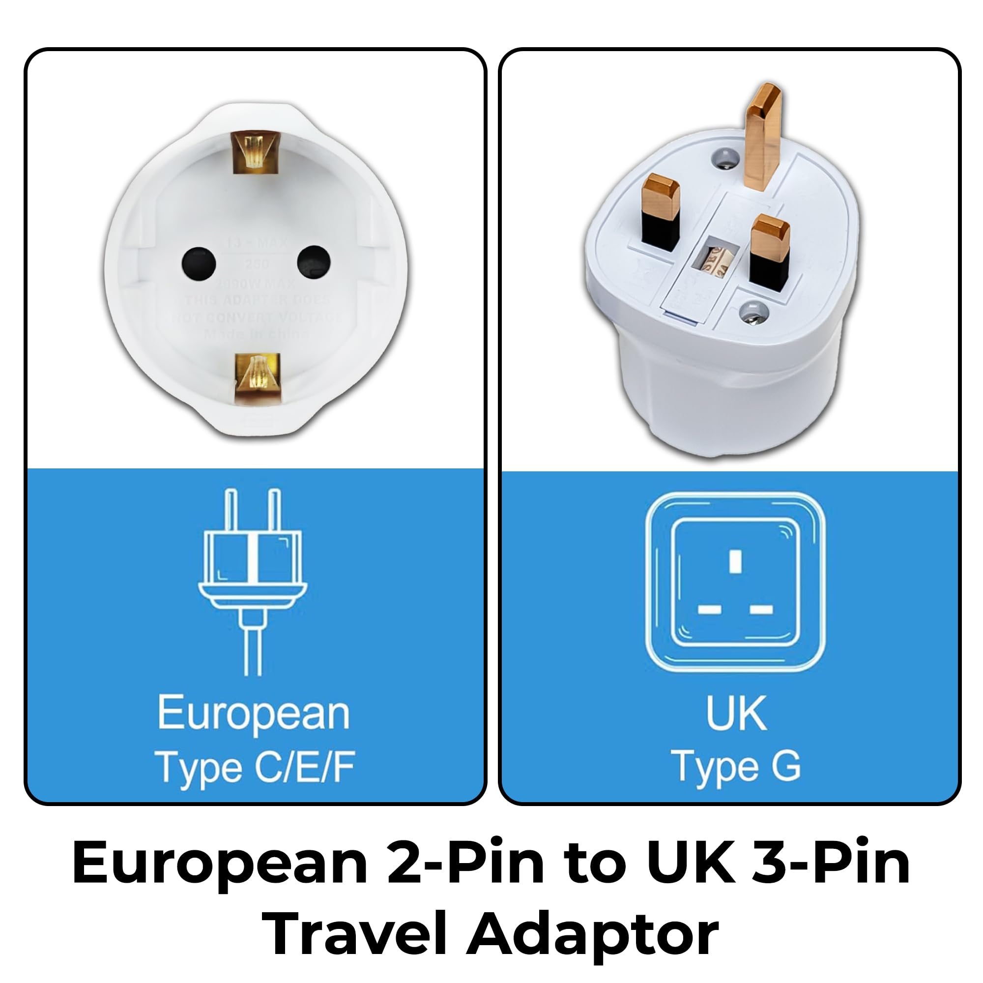 Double Dragon EU to UK Plug Adapter | European 2-Pin to UK 3-Pin Travel Adapter | Schuko & Europlug from France, Germany, Spain, Italy to UK Socket | BS8546 Certified, 13A Fused – White (1 Pack) — view 2