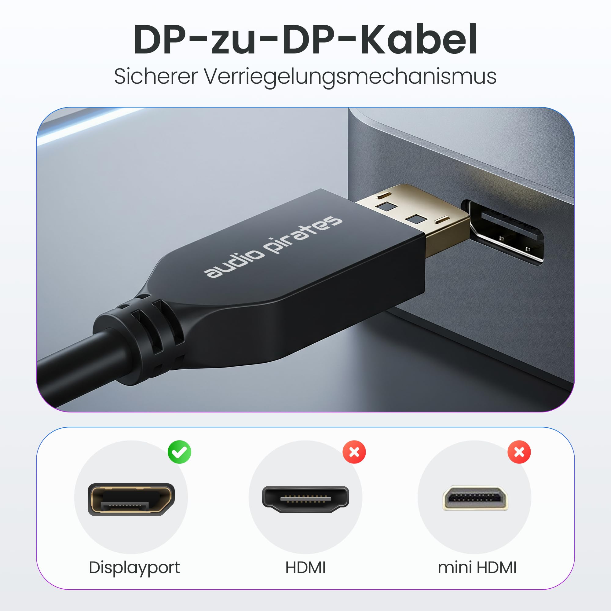 audio pirates DisplayPort 2.1 kabel (16 K UHD / 54 Gbps) – licencjonowany przez VESA, kabel do monitora, kabel DisplayPort 2.1, kabel DP z taśmą na rzep i pozłacanymi stykami