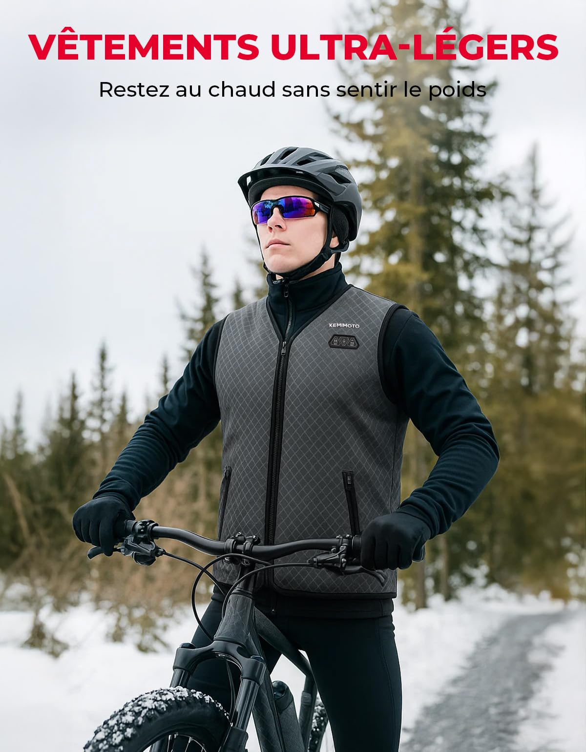 KEMIMOTO Gilet Chauffant Homme, 3 Niveaux de Chauffage et 6 Zones de Chaleur, Tissu de Plongée et Doublure en Velours Cristal pour Ski Pêche et Moto(Sans Batterie)