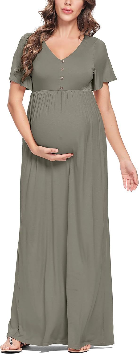 Peauty Button Down Maternity Dress Ruffle Short Sleeve Maxi Dress Baby Shower Maternity Photoshoot Casual at  Women’s Clothing store