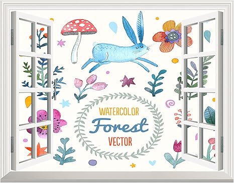 Amazon 3d 偽窓 ウォールステッカー シ装飾 おしゃれ 漫画 かわいい 森 水彩 子供 動物 花 草 おとぎ話 背景 18 壁紙 インテリア ステッカー リビング インテリア 貼っ 80 60cm ウォールステッカー オンライン通販