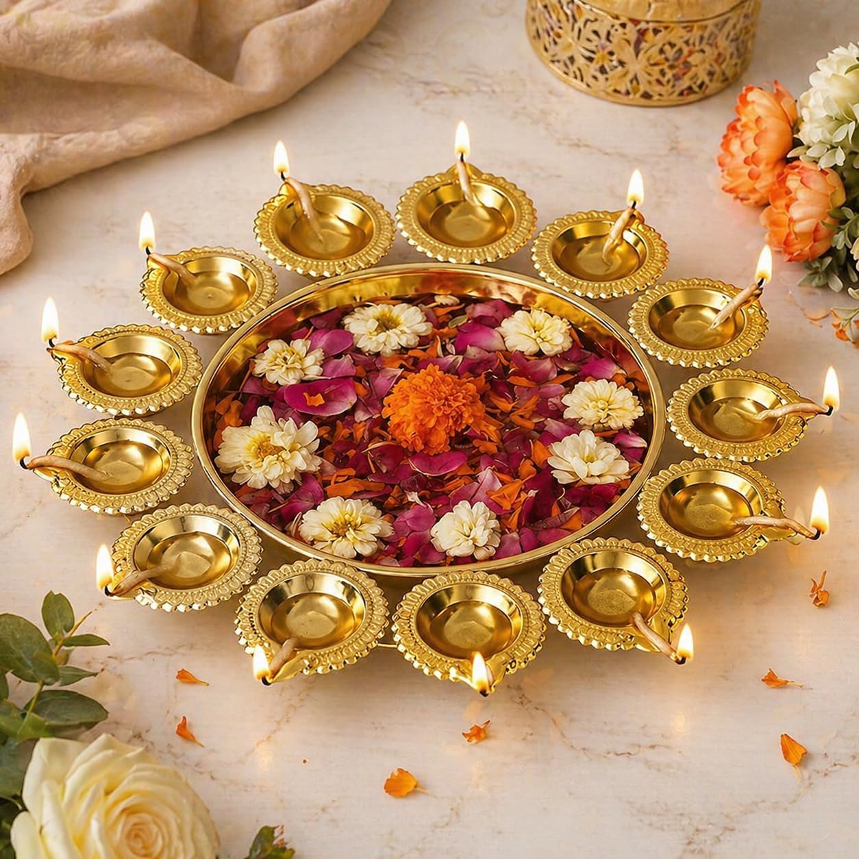 Urli Bowl for Home Decor | Urali Bowl for Home Metal Handcrafted for Floating Flowers and Tea Light Candles Home,Office and Table Decor| Diwali Decoration Items 14 Inch Diameter