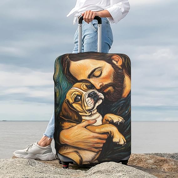 Travel Luggage Covers,Jesus Holding Bulldog Dog In Arms Thicker Elastic Suitcase Cover Dustproof Baggage Cover Scratch-Resistant Suitcase Cover Protector Fit 22-24 Inch Luggage Medium
